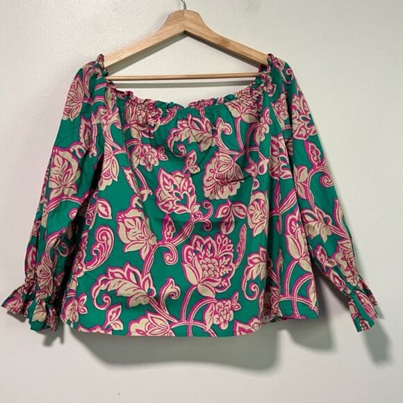 Flying Tomato Floral Boho Peasant Blouse Green Pink Cotton Size L - Picture 2 of 10
